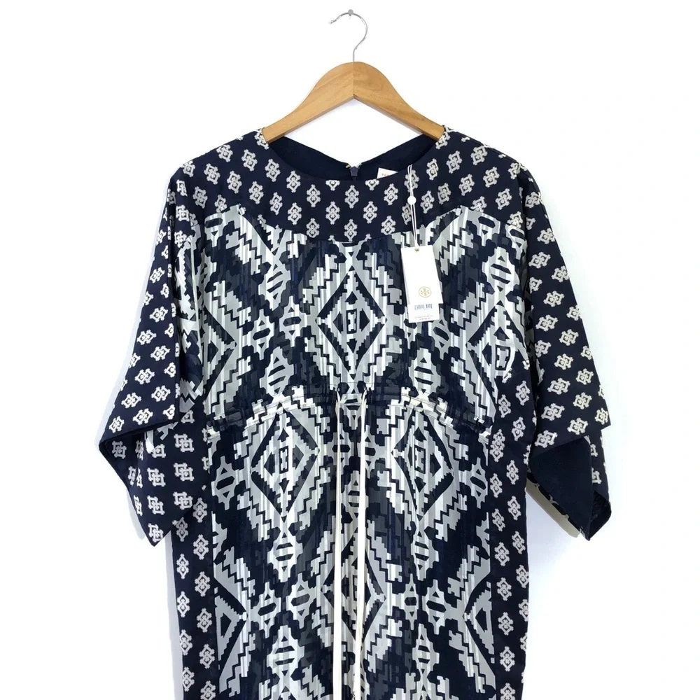 TORY BURCH Beatrice Blue White Geometric Fringe Caftan Beach Cover Up Dress